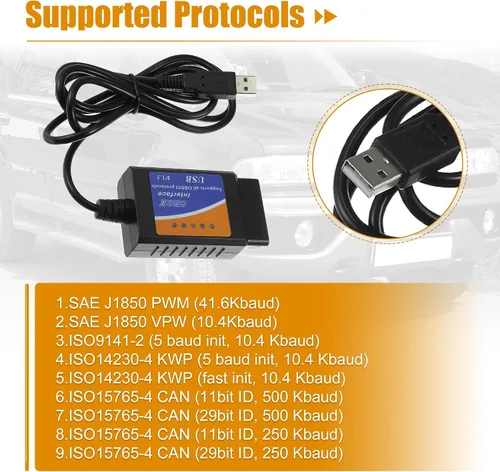 Vista 5 de X AUTOHAUX MINI OBDII USB V1.5 escáner OBD2 adaptador cable de diagnóstico para múltiples marcas CAN-Bus para Windows Escáner de fallas de coche