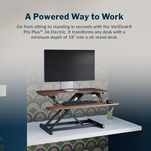 Vista 3 de Vari VariDesk Pro Plus 36 - Convertidor eléctrico de escritorio de pie -11 ajustes de altura + elevación de resorte, diseño de 2 niveles con bandeja