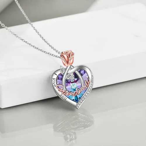 Vista 5 de POPKIMI - Joyería de plata esterlina 925 para mujer, collar con pendiente de flor y corazón de cristal, para cumpleaños, regalos para mamá, abuela