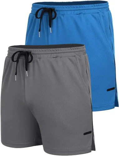 Vista 4 de COOFANDY Paquete de 2 pantalones cortos de entrenamiento para hombre, de secado rápido, pantalones cortos deportivos ligeros de 5 pulgadas