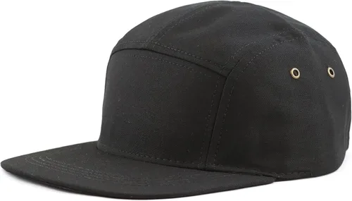 Vista 4 de The Hat Depot Hecho en Estados Unidos de sarga de algodón 5 paneles de ala plana de cuero genuino latón Biker Board Cap Negro