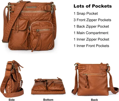 Vista 4 de Montana West Bolso cruzado para mujer, de piel lavada suave, con múltiples bolsillos