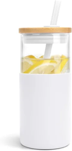 Vista 30 de Tronco Vaso de vidrio de 28 onzas con tapas y pajilla, taza reutilizable para café helado y vaso para batidos con tapa de bambú, funda de silicona