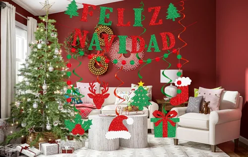 Vista 5 de Cartel de Feliz Navidad – Cartel de Navidad mexicana española, decoraciones de purpurina roja y verde para el hogar, mantel de fiesta (premontado)
