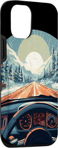 Vista 3 de iPhone 14 divertido operador de coche con puesta de sol y volante en caso de invierno