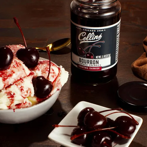 Vista 6 de Collins Bourbon Cocktail Cherries - Aderezo para bebidas para cócteles Manhattan o Old Fashioned y postres, hecho con whisky galardonado, frasco