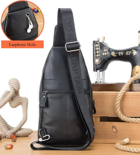 Vista 5 de BULLCAPTAIN Bolso bandolera de cuero genuino para hombre bandolera con soporte para teléfono celular cadena en el pecho mochila de hombro XB-520 M
