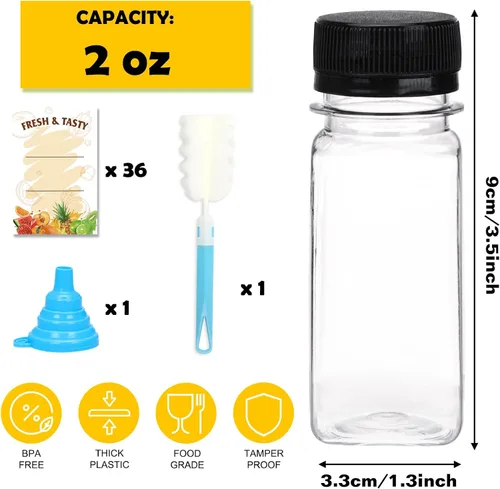 Vista 2 de BAKHUK 36 botellas de plástico de 2 onzas con tapas, botellas de chupito de jengibre, contenedores reutilizables transparentes a granel