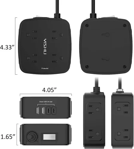 Vista 7 de Regleta de protección contra sobretensiones de 5 pies, 8 tomas amplias con 4 puertos USB, extensor de salida de 3 lados con cable de extensión de 5