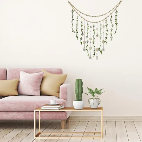 Vista 5 de Jetec Guirnalda Colgante de Eucalipto Boho para Pared de Dormitorio Grande, Guirnalda de Perlas de Madera Artificial con Vegetación Natural