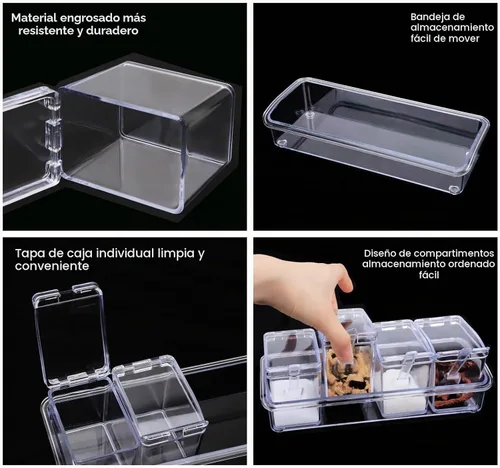 Vista 3 de Caja de condimentos transparente, 8 piezas de condimentos para especias, contenedor de almacenamiento de plástico, tarros de condimentos con tapas