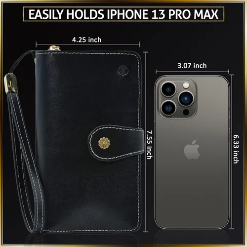 Vista 3 de Leather SR Cartera de cuero de grano superior para mujer de gran capacidad con bloqueo RFID 24 ranuras para tarjetas 9 compartimentos