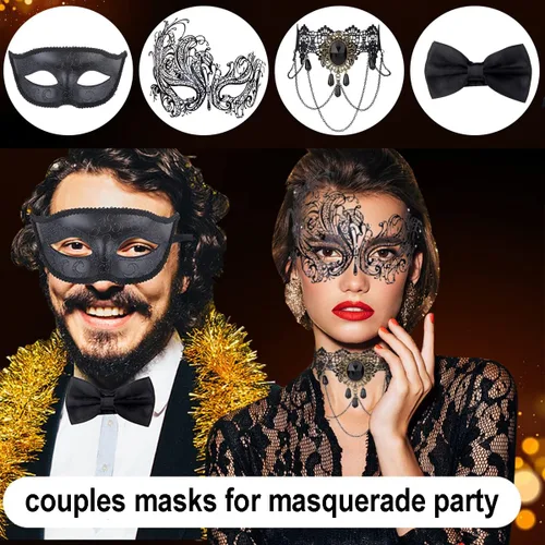 Vista 3 de IETANG Juego de máscaras venecianas de Mardi Gras para parejas con collar y pajarita