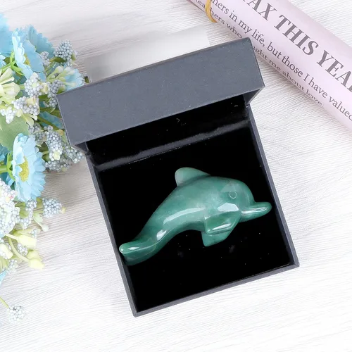 Vista 8 de Figuras de delfín de cristal de aventurina verde de 3 pulgadas, delfines de jade, estatua de animales marinos, escultura de piedras preciosas