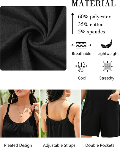 Vista 2 de Vigorics Enterizo casual para mujer, sin mangas, con tirantes ajustables, pantalones cortos, overoles elásticos con bolsillos Negro