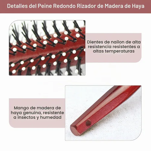 Vista 2 de Peine redondo con mango de madera original hecho de madera de haya pura, cerdas de nailon suaves, para todos los estilos de cabello, cepillo
