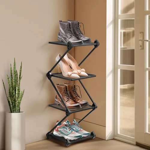 Vista 8 de Zapatero pequeño para entrada, organizador de zapatos de 3 niveles, estante de almacenamiento de zapatos plegable de metal, instalación cero