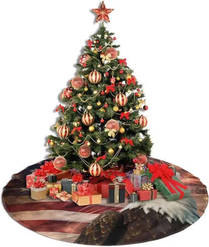 Vista 4 de Faldas de árbol de bandera estadounidense, adornos de Navidad, tapete de árbol de águila de fuegos artificiales para fiestas de Navidad, vacaciones