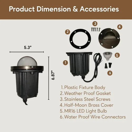 Vista 5 de Ironsmith Foundary Series™ Solid Brass Half Moon Cover In-Ground Well Light – Complete 12V Landscape Fixture w/ MR16 LED (3000K 38°), Waterproof