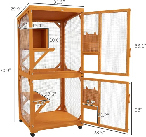 Vista 3 de Casa grande para gatos con caja de descanso alta, catio de madera de 71 pulgadas con techo de asfalto, recinto para gatos en interiores y exteriores