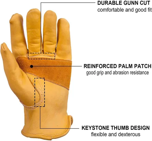 Vista 2 de OZERO Leather Work Gloves for Men, Cowhide Gardening Gloves with Reinforced Palm, Flexible Keystone Thumb, Elastic Wrist