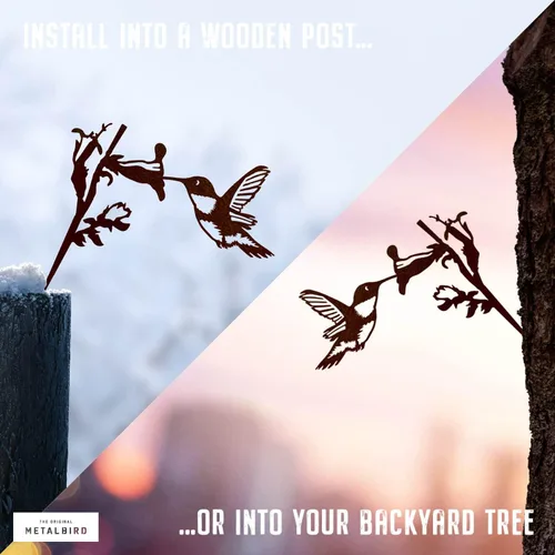 Vista 3 de METALBIRD - Colibrí - Adornos de árbol para exteriores en acero Corten - Arte de metal fabricado con orgullo en los Estados Unidos