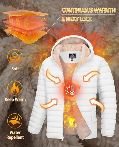 Vista 24 de MAGCOMSEN Chaqueta acolchada para hombre con capucha, forro de vellón, chaqueta térmica resistente al agua, chaqueta de plumón con cremallera