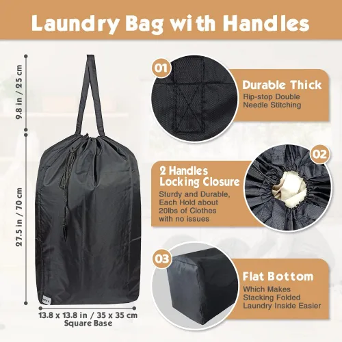 Vista 2 de Bolsa de lavandería de viaje lavable con asas y cordón (paquete de 2), resistente lo suficientemente grande como para contener 3 cargas