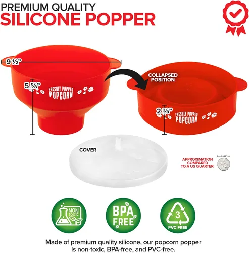Vista 7 de Palomitas de maíz de silicona para microondas (rojo) para hacer palomitas de maíz, no requiere aceite, cuenco plegable con tapa, reutilizable, sin