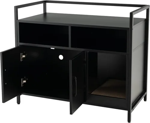 Vista 9 de Giantex Recinto de Caja de Arena para Gatos - Mueble Oculto para Baño de Gatos con Entrada Frontal, Rascador, Armario de Almacenamiento de 2