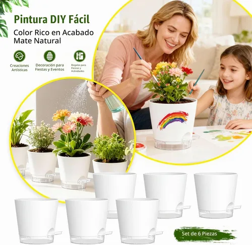 Vista 6 de Macetas de riego automático de 7 pulgadas, paquete de 6 macetas de plástico con agujeros de drenaje y platillos transparentes, macetas de plástico