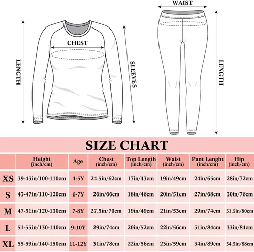 Vista 6 de Conjunto de 3 ropa interior térmica para niñas, suave, largo, para invierno, parte superior e inferior con forro polar y capa base para niñas