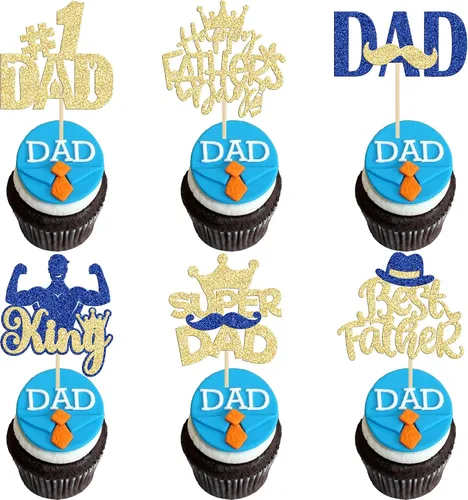 Vista 14 de Gyufise 24 adornos para cupcakes con purpurina para el Día del Padre, diseño de bigote con purpurina, para papá, mejor papá, herramienta