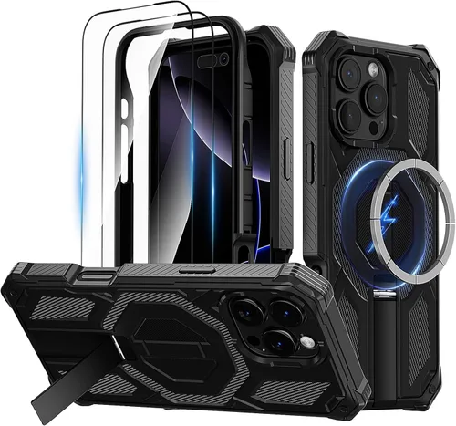 Vista 19 de Funda magnética para iPhone 15 con soporte y protector de pantalla [compatible con Magsafe] antideslizante, cuerpo completo, doble capa, resistente