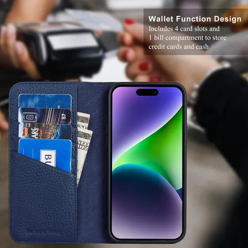 Vista 6 de VISOUL Pebbled - Funda de piel auténtica para iPhone 15 Pro Max con tarjetero y función atril magnético para iPhone 15 Pro Max (6.7 pulgadas)