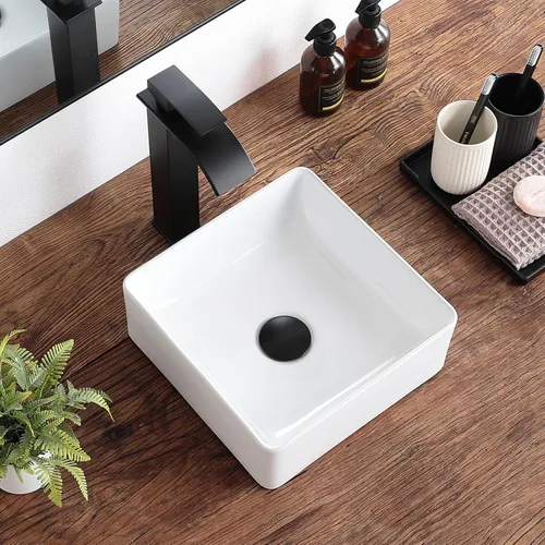 Vista 5 de Lavabo pequeño para baño tipo vasija 11.8"x11.8" pulgadas cuadrado, lavabo de baño de cerámica blanca, lavabos de baño modernos sobre encimera