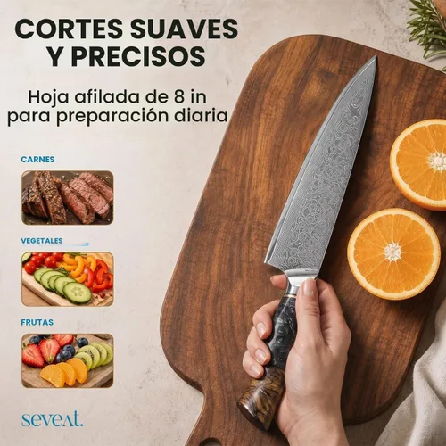 Vista 7 de Cuchillo de cocina de Damasco, acero de damasco de 67 capas, juego de cuchillos de chef profesionales de 13 pulgadas para cocina, mango ergonómico