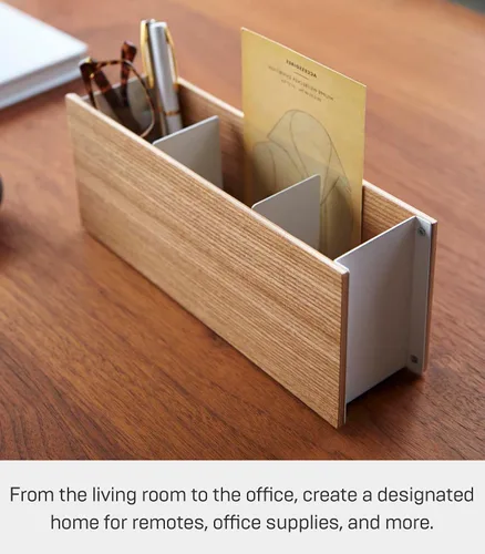 Vista 4 de YAMAZAKI Home Rin Organizador de escritorio, control remoto de TV y soporte para bolígrafos, pequeño, acero + madera