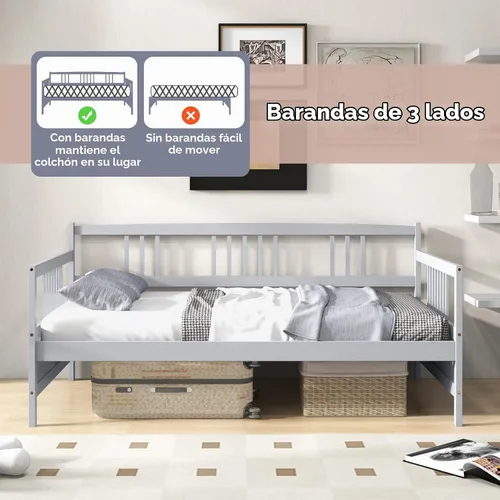 Vista 5 de KOMFOTT Marco de sofá cama de madera tamaño individual, marco de cama de sofá con soporte de listones de madera, no necesita somier, marco de sofá