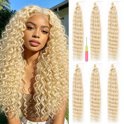 Vista 21 de Extensiones de cabello ondulado con ganchillo Ocean Wave de 18 pulgadas, 6 paquetes, extensiones de cabello de ganchillo sueltas de onda profunda #1B