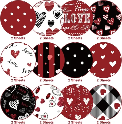 Vista 3 de Papel con Patrón de San Valentín de Doble Cara Papel Decorativo para Álbum de Recortes de San Valentín, Cartulina Roja y Negra con Corazones de Amor