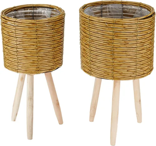 Vista 6 de Juego de 2 cestas tejidas para macetas con forro de plástico y 3 patas de madera, flores, juguetes de granja rústica (tejido grueso)