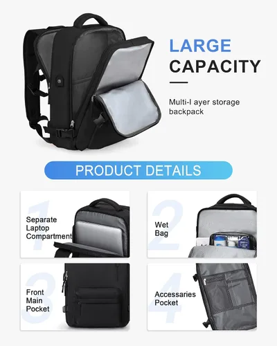 Vista 4 de VECAVE mochila para laptop de viaje, mochila para llevar en vuelos, mochila casual para deportes y universidad, A-Negro, Pequeño, Mochilas de viaje