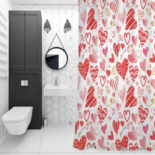 Vista 3 de BestLives Cortina de ducha de San Valentín, diseño de corazón rosa y rojo, con diseño de flechas románticas, impermeable, tela de poliéster, con 10