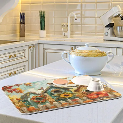 Vista 6 de Tapete de secado de platos de 16 x 18 pulgadas para encimera de cocina, hojas de arce y hojas de arce, tapete de microfibra reversible para secar