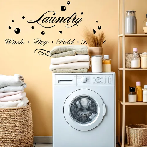 Vista 3 de Calcomanías de lavandería para cuarto de lavado, con cita de burbujas, para lavar, secar, doblar, repetir, decoración de pared, calcomanías