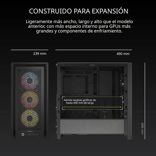 Vista 10 de CORSAIR Carcasa para PC ATX de torre media modular 4000D RS ARGB Frame - Alto flujo de aire, 3 ventiladores RS ARGB preinstalados, sistema de Negro