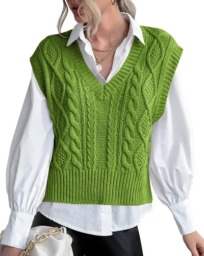 Vista 23 de Chaleco de suéter para mujer Lueluye V cuello sin mangas de punto sólido casual acanalado estilo preppy Beige