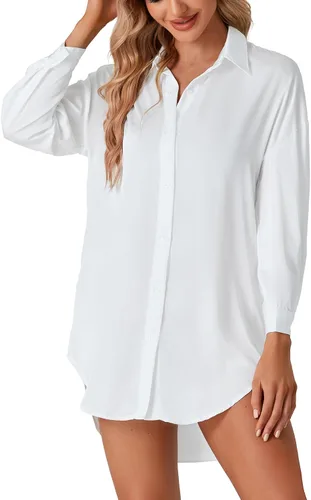 Vista 3 de LYANER Camisa de noche de seda con botones y manga larga para mujer, con abertura, para novio
