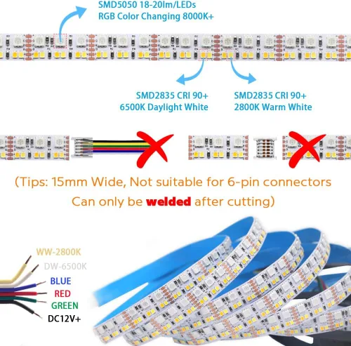 Vista 2 de DC12V RGB CCT - Tira de luz LED que cambia de color, 5050 RGB 2835 luz blanca cálida blanca de doble fila, súper brillante, RGBWW, no impermeable